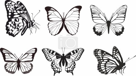 Ilustración de Conjunto vectorial de mariposas monocromas. Hermoso insecto con grandes alas negras. Dibujo de un escarabajo volador.Adecuado para chorro de arena, corte láser y plotter - Imagen libre de derechos