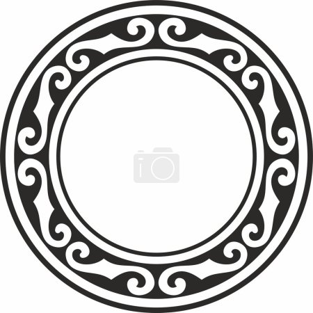 Illustration for Vector black monochrome round Kazakh national ornament. Ethnic pattern of the peoples of the Great Steppe, Mongols, Kyrgyz, Kalmyks, Buryats. circle, frame border - Royalty Free Image