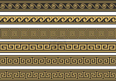 Illustration for Set of vector seamless greek classic ornament. Pattern for a border and a frame. Ancient Greece and the Roman Empire. Endless golden with black meander - Royalty Free Image