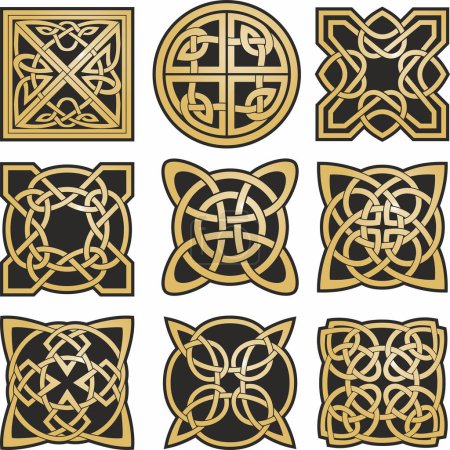 Ensemble vectoriel de n?uds celtiques dorés et noirs. Ornement des peuples européens anciens. Le signe et le symbole des Irlandais, Écossais, Britanniques, Francs.