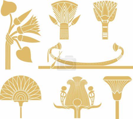 Téléchargez les illustrations : Ensemble vectoriel monochrome en or de signes et symboles égyptiens anciens. Lotus fleur. - en licence libre de droit
