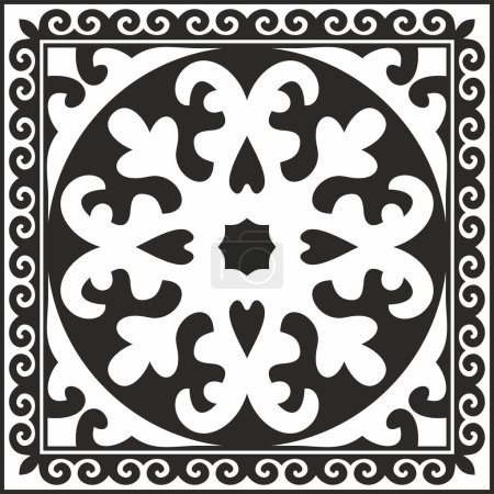 Illustration for Vector black monochrome square Kazakh national ornament. Ethnic pattern of the peoples of the Great Steppe, Mongols, Kyrgyz, Kalmyks, Buryats - Royalty Free Image