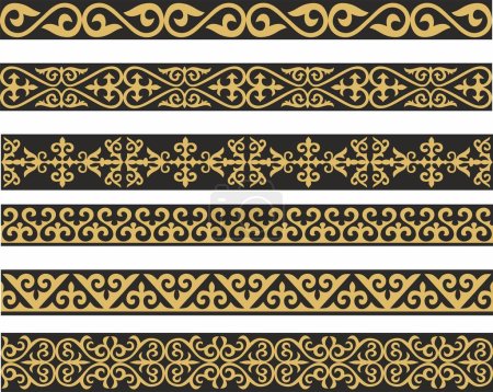 Set of vector gold and black seamless Kazakh national ornament. Ethnic pattern of the nomadic peoples of the great steppe, the Turks. Border, frame Mongols, Kyrgyz, Buryats, Kalmyks