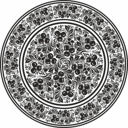 Illustration for Vector monochrome round Russian folk ornament Khokhloma. National endless circle, tray, plate of Slavic peoples, Belarusians, Ukrainians - Royalty Free Image