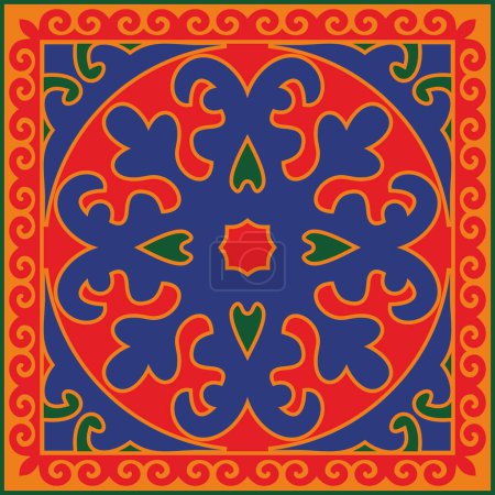 Illustration for Vector colored square Kazakh national ornament. Ethnic pattern of the peoples of the Great Steppe, Mongols, Kyrgyz, Kalmyks, Buryats - Royalty Free Image