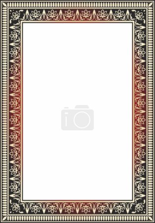 Illustration for Vector square gold with red Indian national ornament. Ethnic plant border. Flowers frame. Poppies and leaves - Royalty Free Image