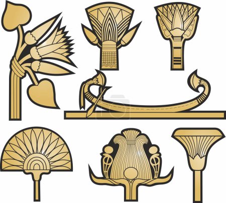 Téléchargez les illustrations : Ensemble vectoriel or et noir de signes et symboles égyptiens anciens. Lotus fleur. - en licence libre de droit