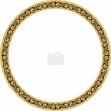 Vector round golden Kazakh national frame. Ornamental circle. Ethnic pattern of nomadic peoples of the Great Steppe, Kyrgyz, Mongols, Bashkirs, Buryats, Kalmyks