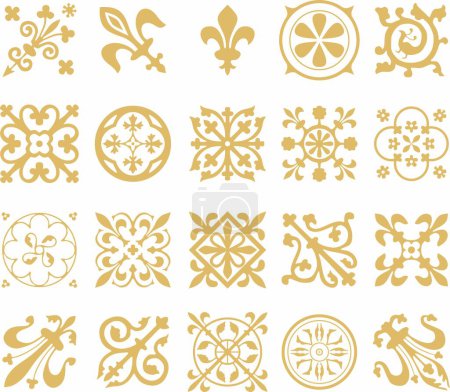 Conjunto dorado vectorial de antiguos elementos ornamentales romanos. Partes europeas clásicas de patrones. Liliums y coronas