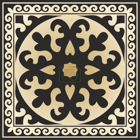 Illustration for Vector golden with black Square Kazakh national ornament. Ethnic pattern of the peoples of the Great Steppe, Mongols, Kyrgyz, Kalmyks, Buryats - Royalty Free Image