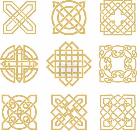 Vektor-Set goldener keltischer Knoten. Ornament der alten europäischen Völker. Das Zeichen und Symbol der Iren, Schotten, Briten, Franken.