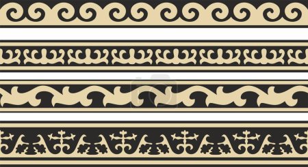 Ilustración de Conjunto vectorial de adorno nacional kazajo dorado y negro sin costuras. Patrón étnico sin fin de los pueblos de la Gran Estepa, - Imagen libre de derechos