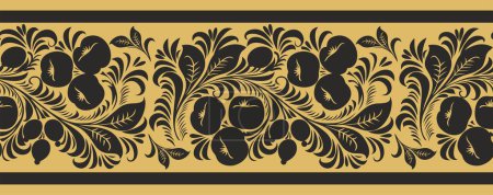 Illustration for Vector gold seamless Russian folk ornament Khokhloma. National endless border, frame of Slavic peoples, Belarusians, Ukrainians - Royalty Free Image