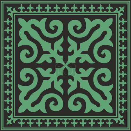 Illustration for Vector green with gold Square Kazakh national ornament. Ethnic pattern of the peoples of the Great Steppe, - Royalty Free Image