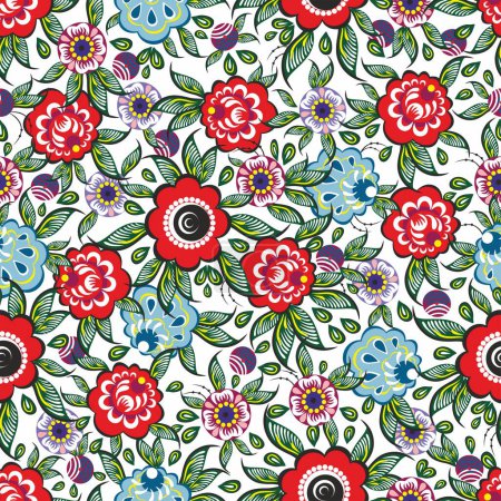 Illustration for Vector colored endless ethnic Russian folk ornament. Seamless national Slavic floral pattern. Gorodets painting - Royalty Free Image