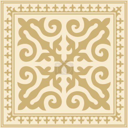 Illustration for Vector golden square Kazakh national ornament. Ethnic pattern of the peoples of the Great Steppe, - Royalty Free Image