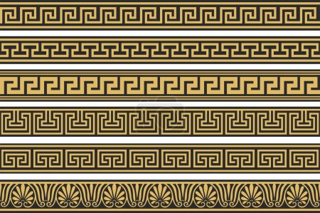 Illustration for Set of vector seamless greek classic ornament. Pattern for a border and a frame. Ancient Greece and the Roman Empire. Endless golden with black meander - Royalty Free Image