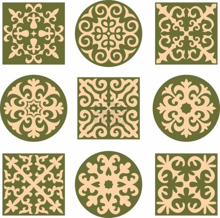 Illustration for Vector set of green and gold  signs Kazakh national ornament. Ethnic endless pattern of the peoples of the Great Steppe, - Royalty Free Image