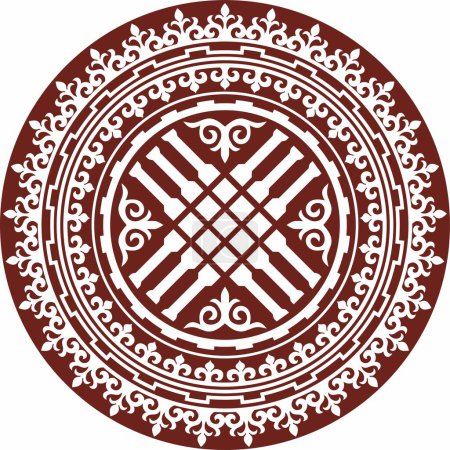 Illustration for Vector red Kazakh national round ornament shanyrak. Ethnic circle, nomadic peoples of the great steppe. Turks, Kyrgyz, Mongols, Tatars, Kalmyks, Buryats - Royalty Free Image
