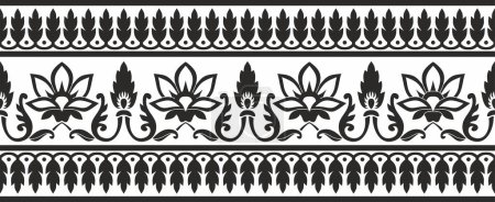 Illustration for Vector seamless monochrome black Indian national ornament. Ethnic endless plant border. Flowers frame. Poppies and leaves - Royalty Free Image