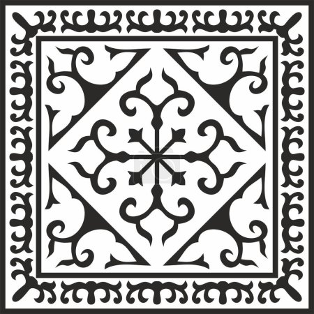 Illustration for Vector black monochrome square Kazakh national ornament. Ethnic pattern of the peoples of the Great Steppe, Mongols, Kyrgyz, Kalmyks, Buryats - Royalty Free Image