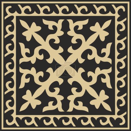 Illustration for Vector golden with black Square Kazakh national ornament. Ethnic pattern of the peoples of the Great Steppe, - Royalty Free Image