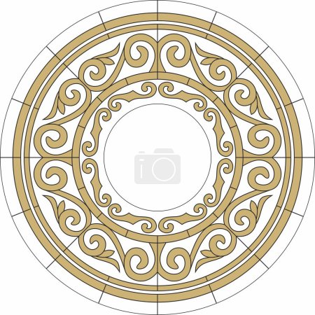 Illustration for Vector gold stained glass window, Kazakh ornament. Drawing of nomads on glass. Template for a round ceiling with a chandelier in the middle - Royalty Free Image
