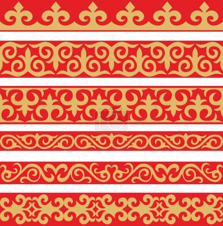 Illustration for Set of vector gold and red seamless Kazakh national ornament. Ethnic pattern of the nomadic peoples of the great steppe, the Turks. Border, frame Mongols, Kyrgyz, Buryats, Kalmyks - Royalty Free Image