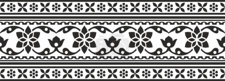 Illustration for Vector seamless monochrome black Indian national ornament. Ethnic endless plant border. Flowers frame. Poppies and leaves - Royalty Free Image