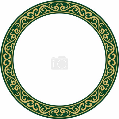 Vector de oro y verde kazajo patrón redondo nacional, marco. Adorno étnico de los pueblos nómadas de Asia, la Gran Estepa, kazajos, kirguisos, kalmyks, mongoles, buriats, turcomanos
