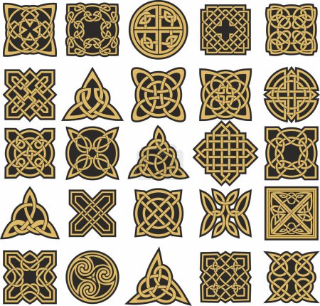 Illustration for Vector set of golden celtic knots. Ornament of ancient European peoples. The sign and symbol of the Irish, Scots, Britons, Franks. - Royalty Free Image