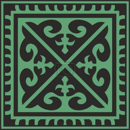 Illustration for Vector green with black Square Kazakh national ornament. Ethnic pattern of the peoples of the Great Steppe, - Royalty Free Image