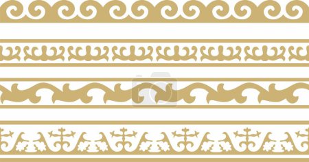 Illustration for Vector set of golden seamless Kazakh national ornament. Ethnic endless pattern of the peoples of the Great Steppe, Mongols, Kyrgyz, Kalmyks, - Royalty Free Image