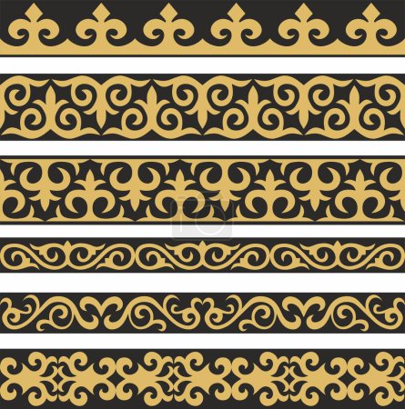 Illustration for Set of vector gold and black seamless Kazakh national ornament. Ethnic pattern of the nomadic peoples of the great steppe, the Turks. Border, frame Mongols, Kyrgyz, Buryats, Kalmyks - Royalty Free Image