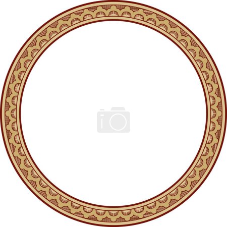 Illustration for Vector round gold with red Indian national ornament. Ethnic plant circle, border. Frame, flower ring. Poppies and leaves - Royalty Free Image