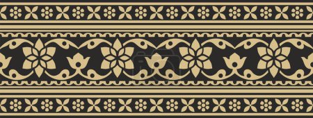 Illustration for Vector seamless gold and black Indian national ornament. Ethnic endless plant border. Flowers frame. Poppies and leaves - Royalty Free Image