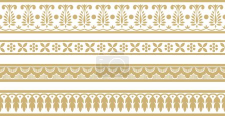 Illustration for Vector set of seamless gold indian national ornament. Ethnic endless plant border. Flowers frame. Poppies and leaves - Royalty Free Image