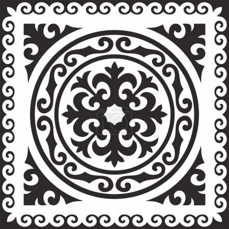 Ilustración de Vector negro monocromo cuadrado kazajo ornamento nacional. Patrón étnico de los pueblos de la Gran Estepa, Mongoles, Kirguís, Kalmyks, Buryats - Imagen libre de derechos