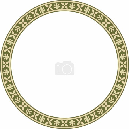 Illustration for Vector round gold and green Indian national ornament. Ethnic plant circle, border. Frame, flower ring. Poppies and leaves - Royalty Free Image