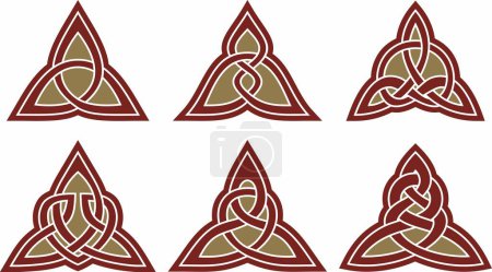 Ensemble vectoriel de n?uds celtiques triangulaires rouges et dorés. Ornement des peuples européens anciens. Signe et symbole des Irlandais, Écossais, Britanniques, Francs.