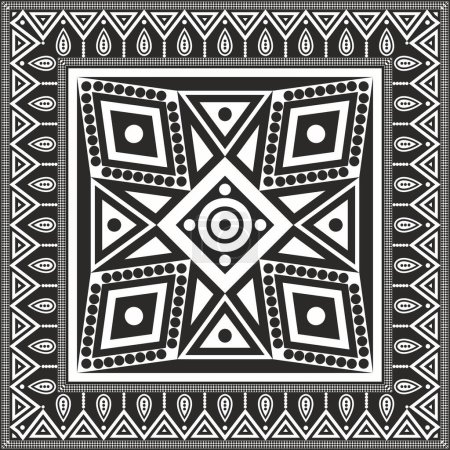 Vecteur noir monochrome autochtone ornement folklorique américain. Modèle carré, écharpe des peuples d'Amérique, Aztèque, Incas, Maya