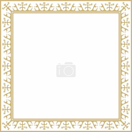 Illustration for Vector golden square Kazakh national ornament. Ethnic pattern of the peoples of the Great Steppe, Mongols, Kyrgyz, Kalmyks, Buryats. Square frame border - Royalty Free Image