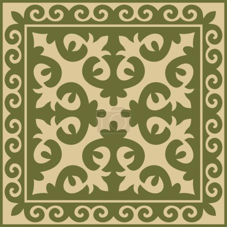 Illustration for Vector green with gold Square Kazakh national ornament. Ethnic pattern of the peoples of the Great Steppe, - Royalty Free Image