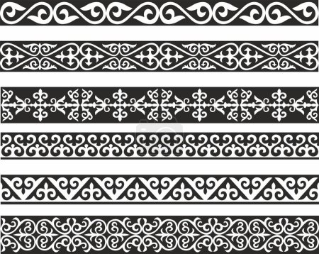 Illustration for Set of vector monochrome seamless Kazakh national ornament. Ethnic pattern of the nomadic peoples of the great steppe, the Turks. Border, frame Mongols, Kyrgyz, Buryats, Kalmyks - Royalty Free Image