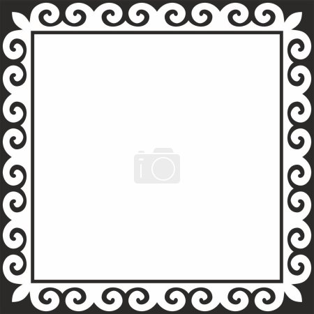 Illustration for Vector black monochrome square Kazakh national ornament. Ethnic pattern of the peoples of the Great Steppe, Mongols, Kyrgyz, Kalmyks, Buryats. Square frame border - Royalty Free Image