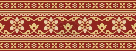 Illustration for Vector seamless gold and red Indian national ornament. Ethnic endless plant border. Flowers frame. Poppies and leaves - Royalty Free Image