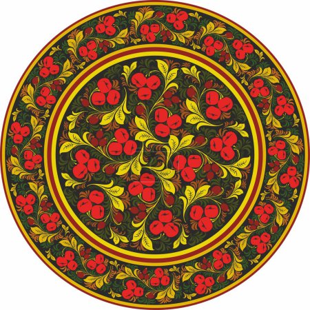 Ilustración de Vector de color redondo ruso ornamento folclórico Khokhloma. Círculo nacional sin fin, bandeja, plato de pueblos eslavos, bielorrusos, ucranianos - Imagen libre de derechos