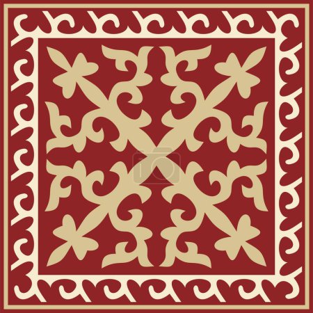 Illustration for Vector red with gold Square Kazakh national ornament. Ethnic pattern of the peoples of the Great Steppe, - Royalty Free Image