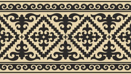 Illustration for Vector golden and black seamless Kazakh national ornament. Ethnic endless pattern of the peoples of the Great Steppe, - Royalty Free Image