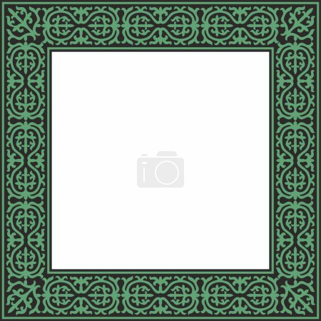 Illustration for Vector green with black Square Kazakh national ornament. Ethnic pattern of the peoples of the Great Steppe, - Royalty Free Image